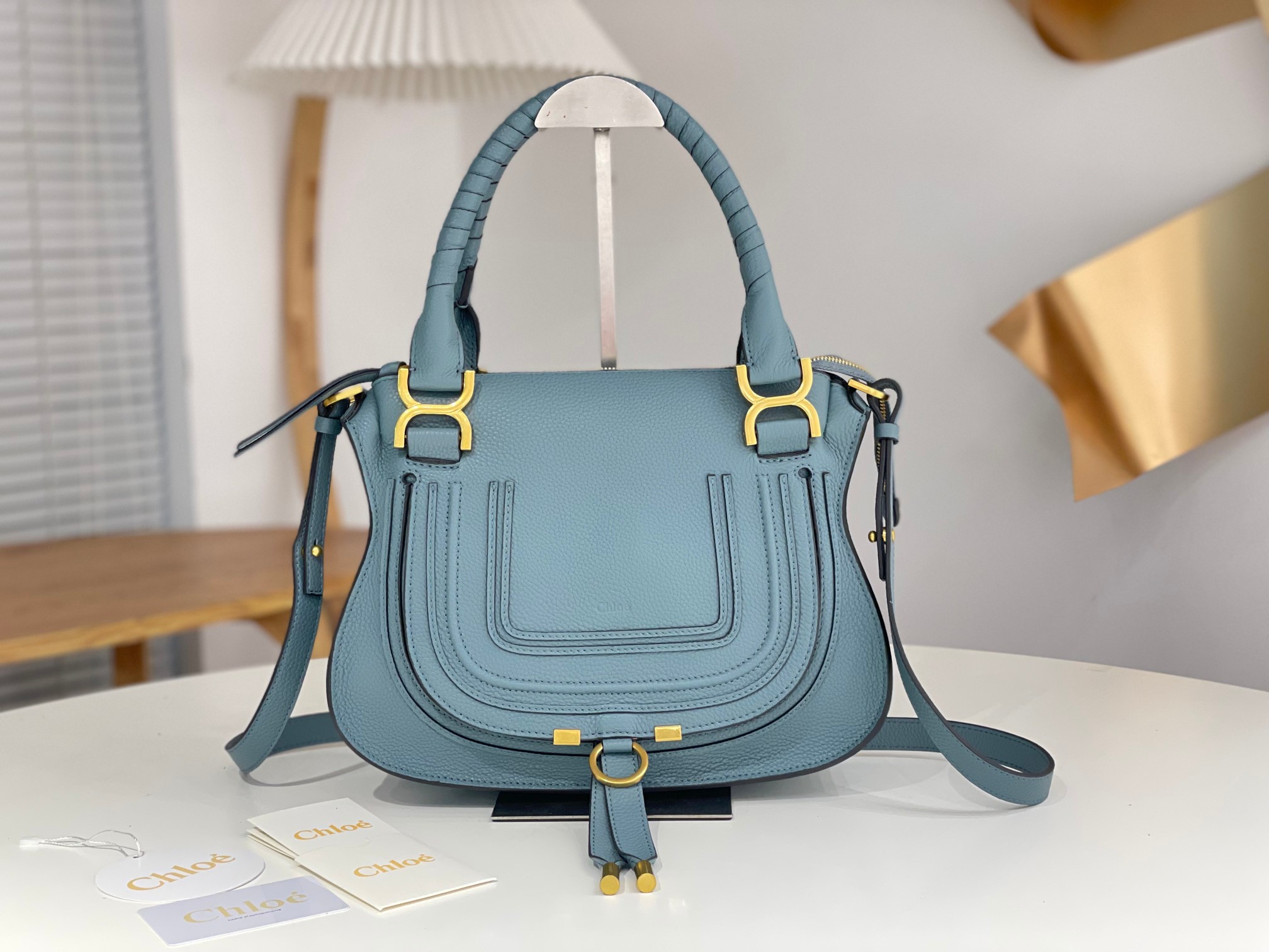 Chloe Small Marcie Bag In Light Blue Grained Leather